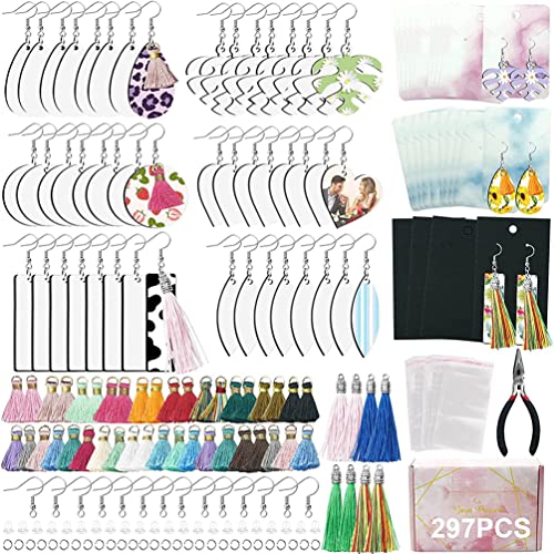 297 Pieces Earring Making Supplies,Unfinished Wooden Earrings,Sublimation Jewelry Blanks,Wood Pendants with Jump Rings&Tassels&Earring Hooks Kit for