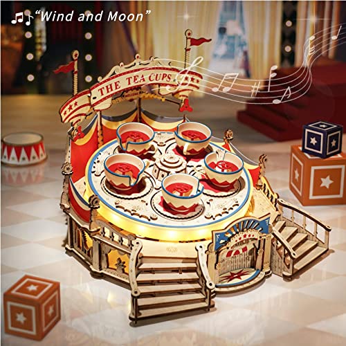 ROKR 3D Puzzles for Adults Model Kit, DIY Wooden Music Box Building Kit with LED Lights for Teens Adults Birthday Gift (Tilt-A-Whirl 280pcs) ROKR