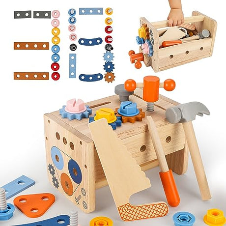 Vextronic Toddler Tool Set 38 PCS, Wooden Montessori Toy Tools Kit for Kids 1-3-5 2-4-6 8 with Tool Box/Bench, Pretend Play Kid Tool Set, Educational Vextronic