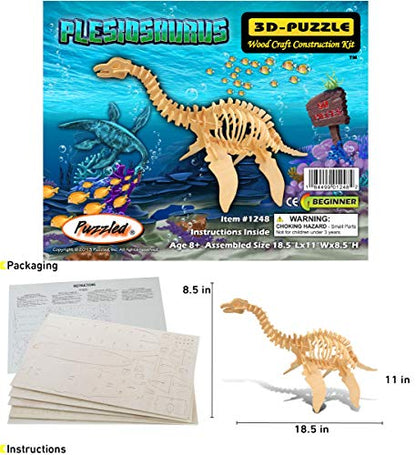 Puzzled 3D Puzzle Plesiosaurus Dinosaur Wood Craft Construction Model Kit Fun, Educational DIY Wooden Dino Toy Assemble Model Unfinished Craft Hobby