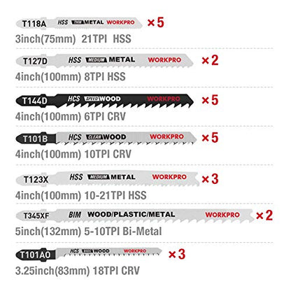 WORKPRO 25-Piece T-Shank Jig Saw Blade Set with Storage Case, Made with HCS/HSS/BIM, Assorted Blades for Wood, Plastic and Metal Cutting - WoodArtSupply