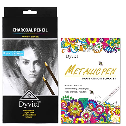 Dyvicl Metallic Marker Pens - 12 Colors Hard Fine Tip Metallic Markers and Charcoal Pencils Dyvicl