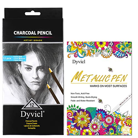 Dyvicl Metallic Marker Pens - 12 Colors Hard Fine Tip Metallic Markers and Charcoal Pencils Dyvicl