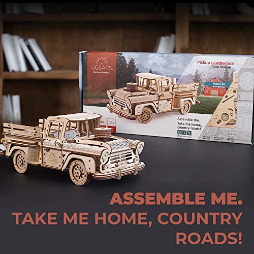 UGEARS Pickup Lumberjack 3D Puzzle - Classic 1950s Pickup Truck 3D Wooden Puzzles for Adults and Kids with Powerful Spring Motor - Detailed Car Model UGEARS