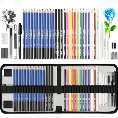 KALOUR Sketching Coloring Art Set - 38 Pieces Drawing Kit with Sketch Pencils,Colored Pencils,Charcoal,Marker,Eraser -Portable Zippered Travel Case - KALOUR