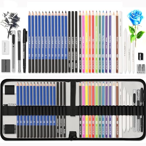 KALOUR Sketching Coloring Art Set - 38 Pieces Drawing Kit with Sketch Pencils,Colored Pencils,Charcoal,Marker,Eraser -Portable Zippered Travel Case - - WoodArtSupply