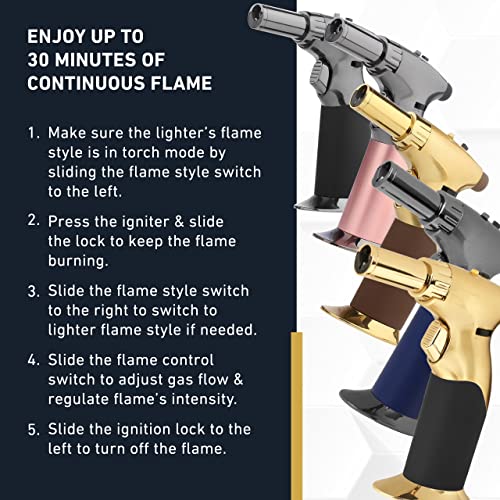Dual Flame Butane Torch Gun - Refillable Luxury Hand Held Mini Blow Torch for Cooking, Creme Brulee, Soldering, Welding, & Resin Art - Adjustable inZaynity