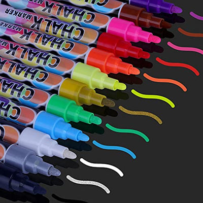 Liquid Erasable Chalk Markers Pens - 12 Colors Washable & Wet Erase Neon Makers for Blackboard, Chalkboard Signs, Glass Window, Graduation