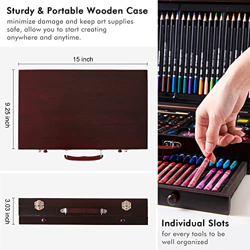 Shuttle Art 186 Piece Deluxe Art Set, Art Supplies in Wooden Case, Painting Drawing Art Kit with Acrylic Paint Pencils Oil Pastels Watercolor Cakes Shuttle Art