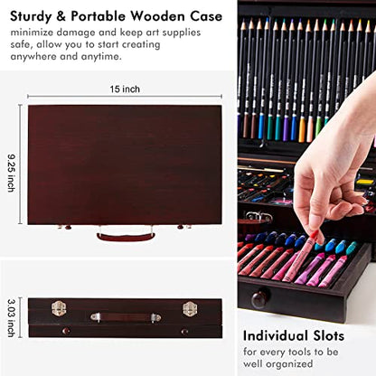 Shuttle Art 186 Piece Deluxe Art Set, Art Supplies in Wooden Case, Painting Drawing Art Kit with Acrylic Paint Pencils Oil Pastels Watercolor Cakes