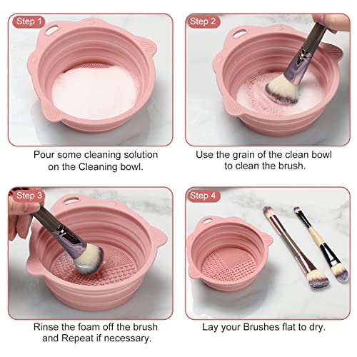 Foldable Silicone Makeup Brush Cleaner Bowl - Etercycle Portable Cleaning Tool for Brushes, Powder Puffs, and Sponges (Pink) - WoodArtSupply