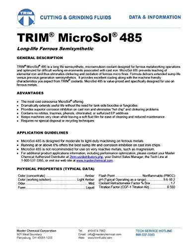 TRIM Cutting & Grinding Fluids MS485/5 MicroSol 485 Long Life Ferrous Semisynthetic Microemulsion Coolant, 5 gal Pail Trim