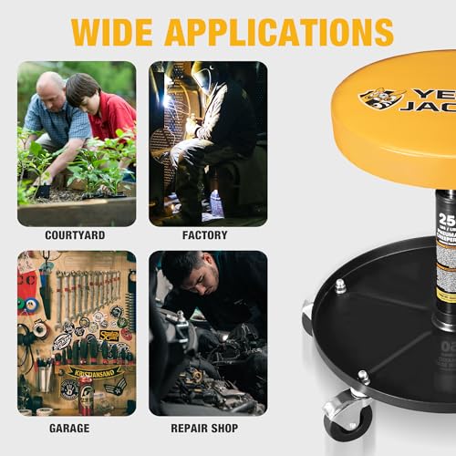 YELLOW JACKET Rolling Mechanics Seat, 250 LBS Capacity Heavy-Duty Pneumatic Adjustable Garage Stool with Tool Tray YELLOW JACKET