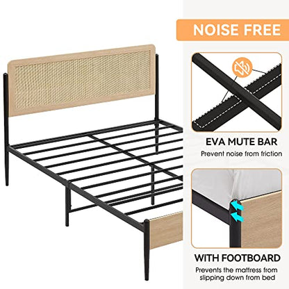 IDEALHOUSE Full Size Metal Bed Frame with Curved Rattan Headboard and Wooden Footboard, Platform Bed Frame with Under Bed Storage, Strong Metal Slat