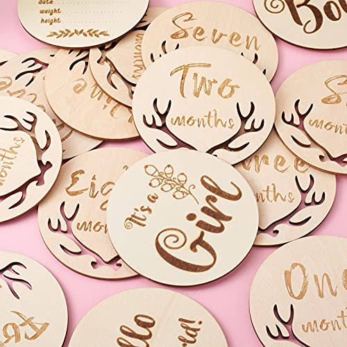 16pcs Baby Monthly Milestone Cards Basswood Milestone Cards with Word Flat Round Wooden Baby Milestone Sign for Baby Registry & Shower Gifts, Newborn EEE ELECRELIVE