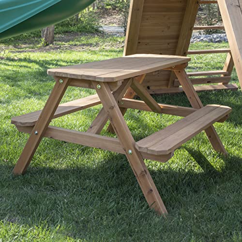 Backyard Discovery Endeavor II All Cedar Wood Swing Set Playset for Backyard with Wave Slide Climbing Wall with Rope Picnic Table Double Wide Rock Backyard Discovery
