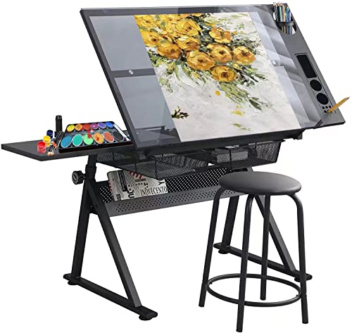 Lambgier Glass Craft Table Drawing Desk – Drafting Tables Hobby Table Writing Studio Art Artist Desk with Adjustable Tilted Tabletop (Black) - WoodArtSupply