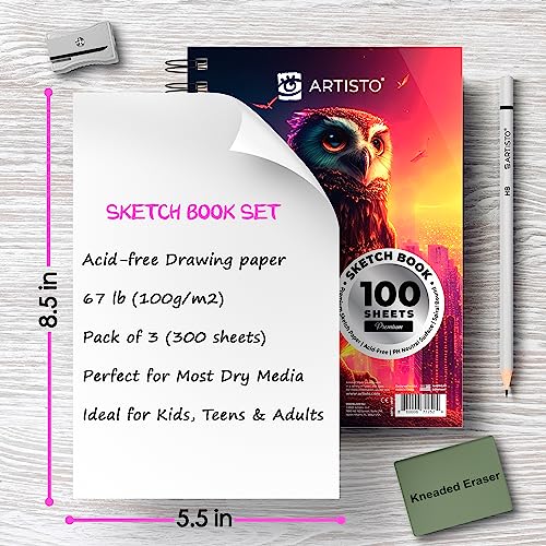 ARTISTO 5.5X8.5” Premium Sketch Book Set, Pack of 3 (300 Sheets), 68lb (100g/m2), Spiral Bound, Acid-Free Drawing Paper, Perfect for Most Dry Media - WoodArtSupply