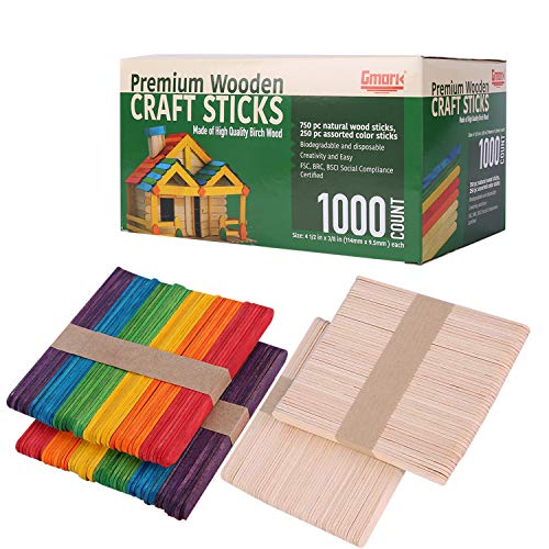 Gmark Wooden Craft Sticks 1000 ct - 750 Natural Food Grade Popsicle and 250 Craft Sticks Colored Combo - DIY Crafts Creative GM1072… Gmark