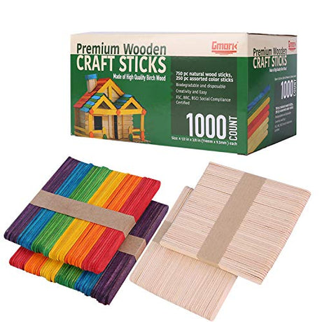Gmark Wooden Craft Sticks 1000 ct - 750 Natural Food Grade Popsicle and 250 Craft Sticks Colored Combo - DIY Crafts Creative GM1072… Gmark