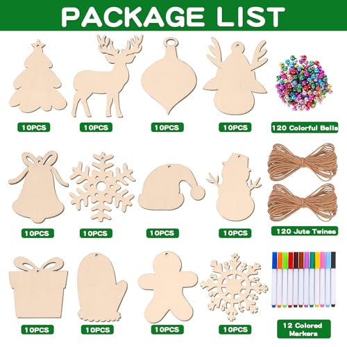 Max Fun 120PCS DIY Wooden Christmas Ornaments Unfinished Predrilled Wood for Crafts Centerpieces Holiday Birthday Hanging Decorations in 12 Shapes Max Fun