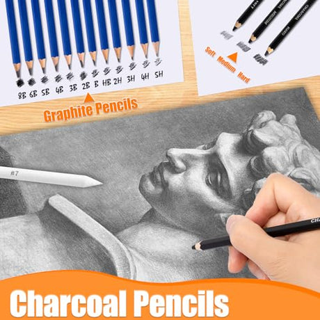 Drawdart Art Supplies Drawing Pencils Set - 76 Pack Pro Sketching Kit with Sketchbook & Watercolor Pad, Includes Graphite, Charcoal, Watercolor & Drawdart