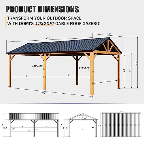 Domi 12x20FT Hardtop Gazebo, Galvanized Steel Gable Roof Gazebo Pergola with Wood Grain Aluminum Frame, Outdoor Permanent Gazebo Pavilion for Patio, domi outdoor living