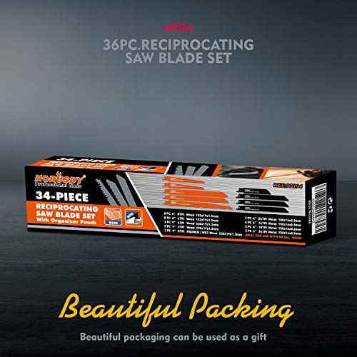 HORUSDY 34-Piece Reciprocating Saw Blades Set, Metal & Woodcutting Saw Blades, Sawzall Blades with Pouch. - WoodArtSupply