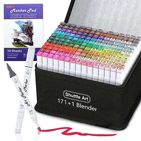 172 Colors Dual Tip Alcohol Based Art Markers,171 Colors plus 1 Blender Permanent Marker 1 Marker Pad with Case Perfect for Kids Adult Coloring Books Shuttle Art