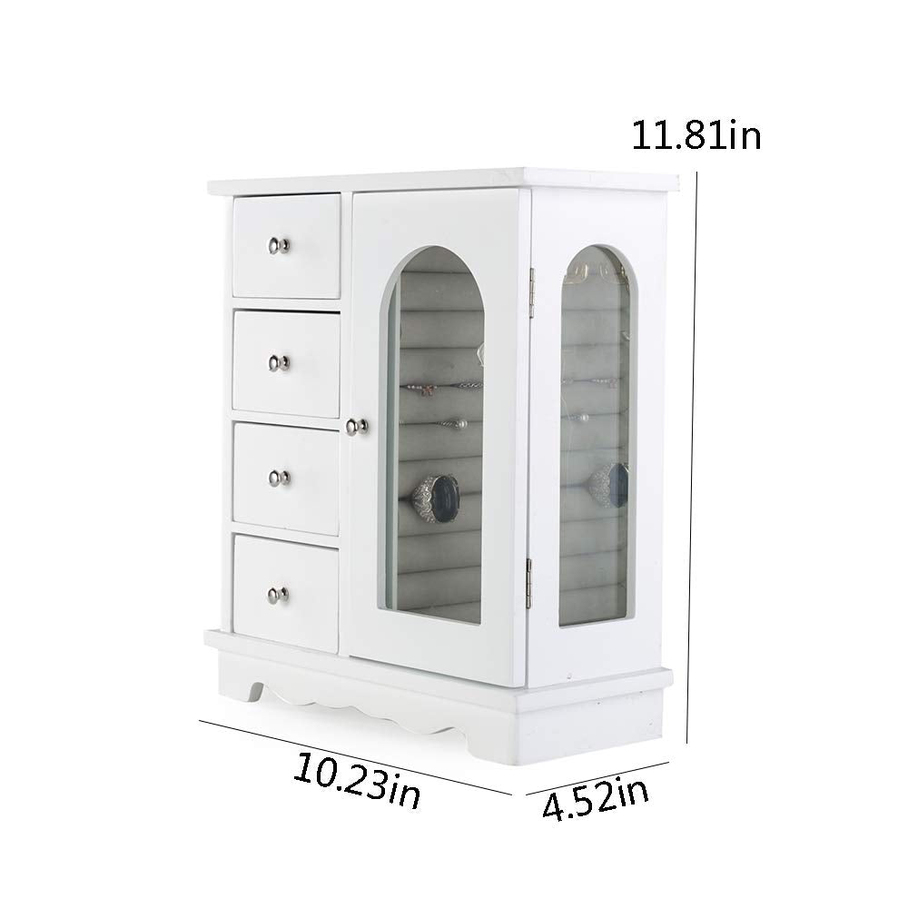ZGZD White Jewelry Box Wooden Makeup and Accessories Organizer Girls Ring Storage with 4 Drawers and Swing Door ZGZD