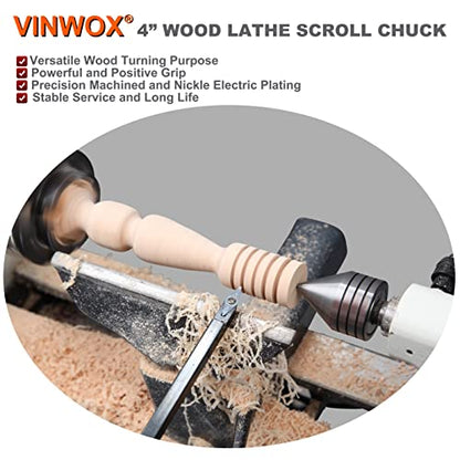 VINWOX SCR4-4NV-SET 4” Wood Lathe Scroll Chuck Set, 4-Jaw Self-Centering Chuck Set, with Nickle electric Coating Chuck Body & 1"x8TPI thread & - WoodArtSupply