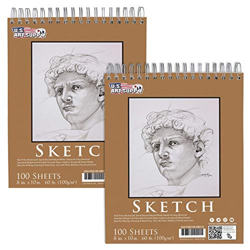 U.S. Art Supply 8" x 10" Top Spiral Bound Sketch Book Pad, Pack of 2, 100 Sheets Each, 60lb (100gsm) - Artist Sketching Drawing Pad, Acid-Free -