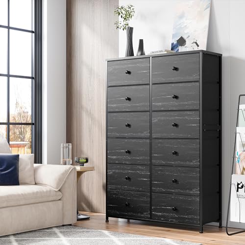 EnHomee Tall Dressers for Bedroom, 12 Drawer with Wooden Top and Metal Frame, Fabric Dresser & Chest of Drawers for Closet Living Room, Black Wood