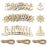 yueton 36PCS 3 Styles Nautical Themed Unfinished Wood Cutouts Wood Slices Wood Chips, Sailboat Rudder Anchor Wooden Cutouts, Wooden Hanging yueton