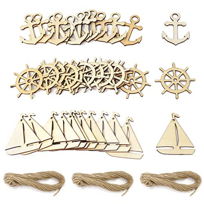 yueton 36PCS 3 Styles Nautical Themed Unfinished Wood Cutouts Wood Slices Wood Chips, Sailboat Rudder Anchor Wooden Cutouts, Wooden Hanging - WoodArtSupply