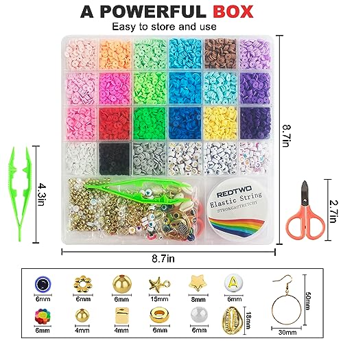 Redtwo 6200 Pcs Clay Beads Bracelet Making Kit, Flat Round Polymer Heishi Friendship Bracelet Jewelry Kit with Charms and Elastic Strings for Girls Redtwo