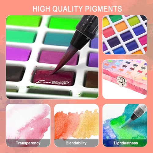 Water Color Pallet Adult, 100 Travel Watercolor Set, Watercolor Paint Set  With Nylon Brushes, Refillable Water Brush, Paper Pad, Art Sponge, Pencil 