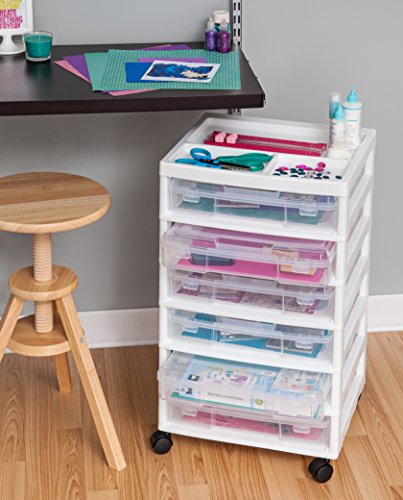 IRIS USA 6-Tier Scrapbook Storage Cart with Organizer Top for Papers, Vinyl, Office, Art and Crafting Supplies, White with 6 Clear Scrapbook Cases IRIS