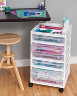 IRIS USA 6-Tier Scrapbook Storage Cart with Organizer Top for Papers, Vinyl, Office, Art and Crafting Supplies, White with 6 Clear Scrapbook Cases IRIS