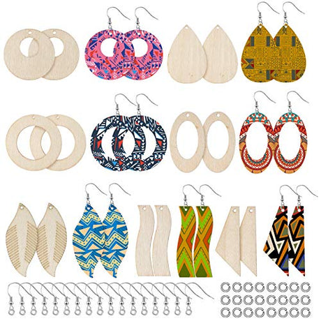 Hicarer 210 Pcs Unfinished Wooden Earrings Blanks Natural Wood Pendants Dangle Earrings Boho Wood Charms with 70 Pcs Earring Hooks and Jump Rings for Hicarer