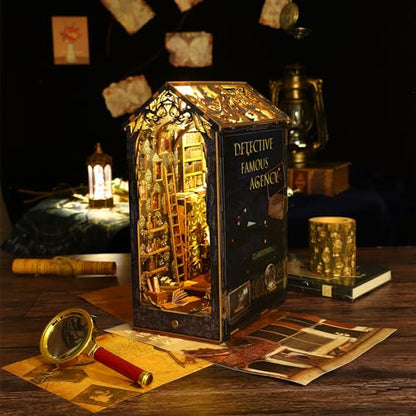 DIY Book Nook Kit Wooden Detective Agency Miniature Dollhouse Kit, Creative Bookshelf Insert Decor with Sensor LED Light, Bookend Building Hobbies 3D