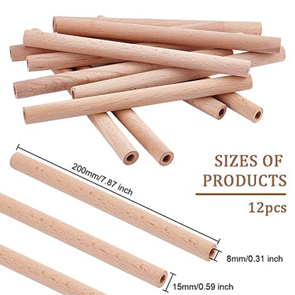 OLYCRAFT 12Pcs 7.9x0.6 Inch Hollow Wood Sticks Round Wooden Dowel Rod with 0.3 Inch Hole Unfinished Beech Wood Rods Natural Wood Round Rods for DIY