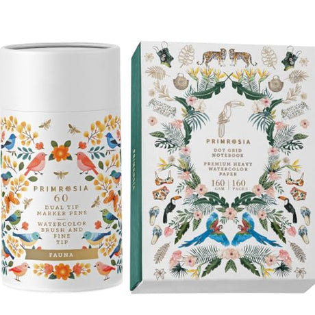 Primrosia Summertime Collection – 60 Dual Tip Markers + Dot Grid Watercolor Notebook Primrosia