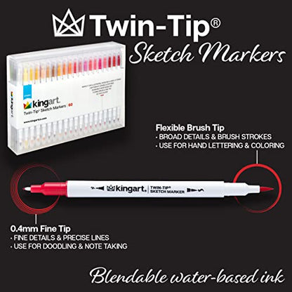 KINGART Studio Twin-Tip Sketch Markers, Set of 60 Unique & Vivid Colors, Set of 60 - WoodArtSupply