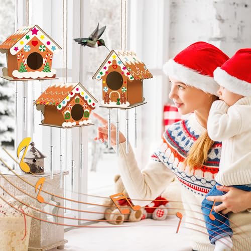3 Sets Christmas Craft Houses Kits, Make Your Own Gingerbread Wooden Christmas Houses Bird Feeder & Wind Chime Kit, Wooden Painting Arts and Crafts QOUBAI