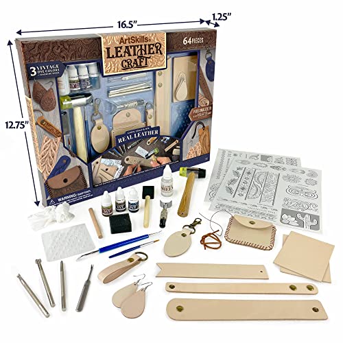 ArtSkills Leather Working Kit for Beginners with Leather Tools, Dyes, and Leather Stamps, Leather Crafting Kits for Adults & Teens, 64 pc - WoodArtSupply