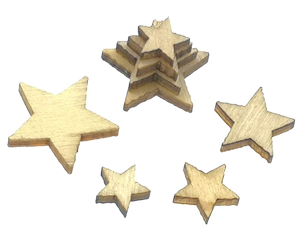 Kinteshun Natural Wood Unfinished Cutout Veneers Slices for Patchwork DIY Crafting Decoration(100pcs,Mixed Sizes,Pentagram Five-Pointed Star Shape)