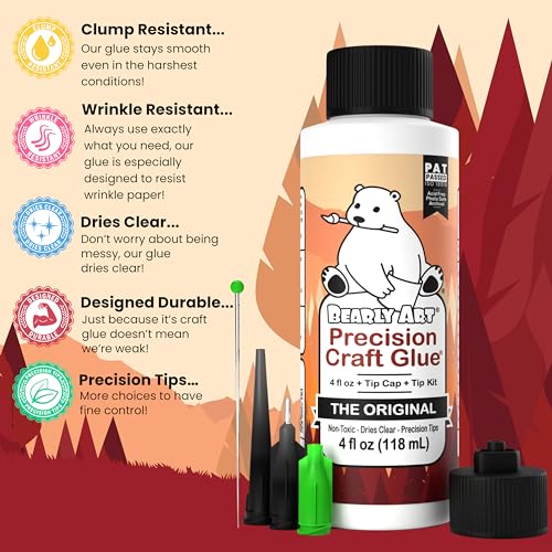 Bearly Art Precision Craft Glue - The Original - 4fl oz - Tip Kit Included - Dries Clear - Metal Tip - Wrinkle Resistant - Flexible and Crack - WoodArtSupply