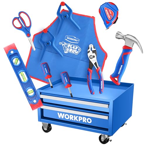 WORKPRO Kids Real Tool Set with 12 Inch Steel Tool Chest with Wheels, 10PCS Boys First Tool Set with 2 Drawers Blue Metal Rolling Tool Chest, Kids