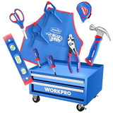 WORKPRO Kids Real Tool Set with 12 Inch Steel Tool Chest with Wheels, 10PCS Boys First Tool Set with 2 Drawers Blue Metal Rolling Tool Chest, Kids WORKPRO